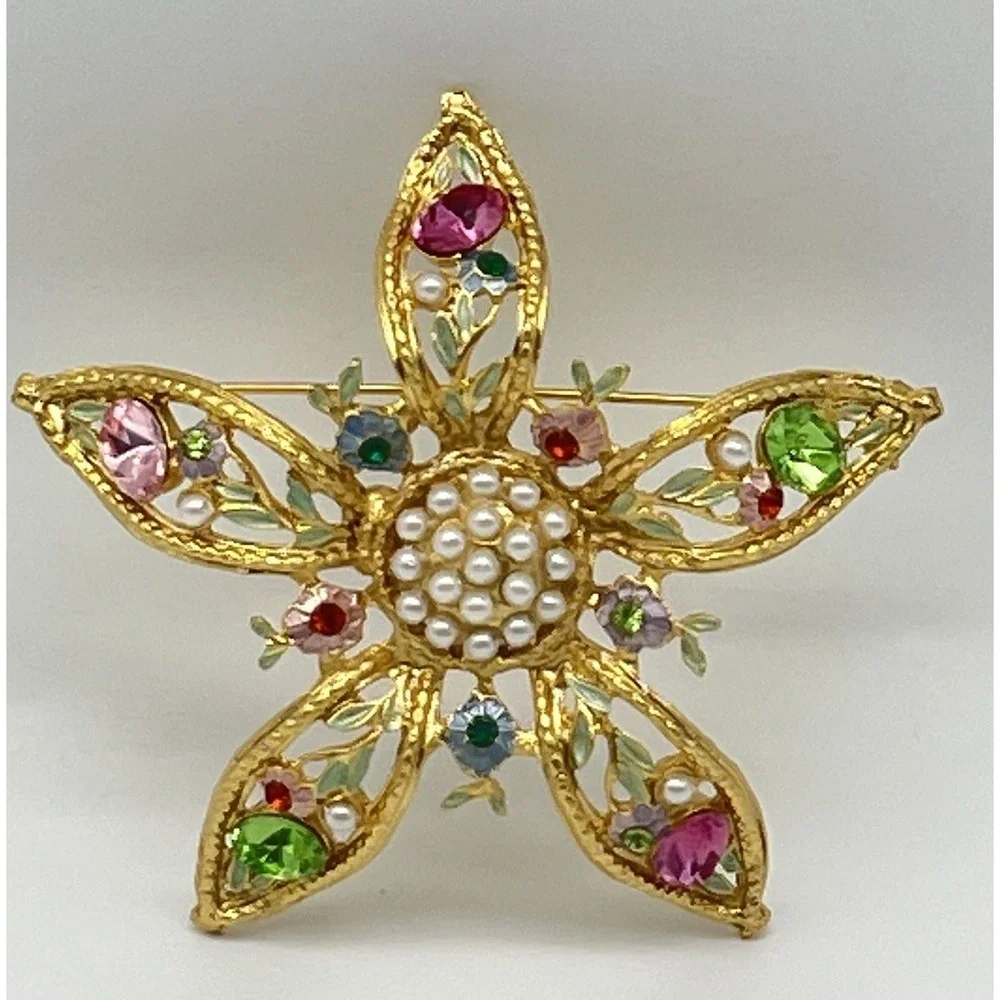 Vintage Rhinestone Pearl Brooch Signed Tiara Misu IV Pastel‎ Flower Gold Toned